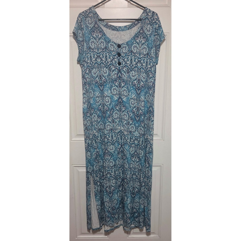 J. Jill Blue White Damask Paisley Maxi Dress Short Sleeve V-Neck Medium